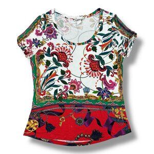 Desigual Embellished Women’s Blouse Short Sleeve Rhinestone Flowers Round Neck L